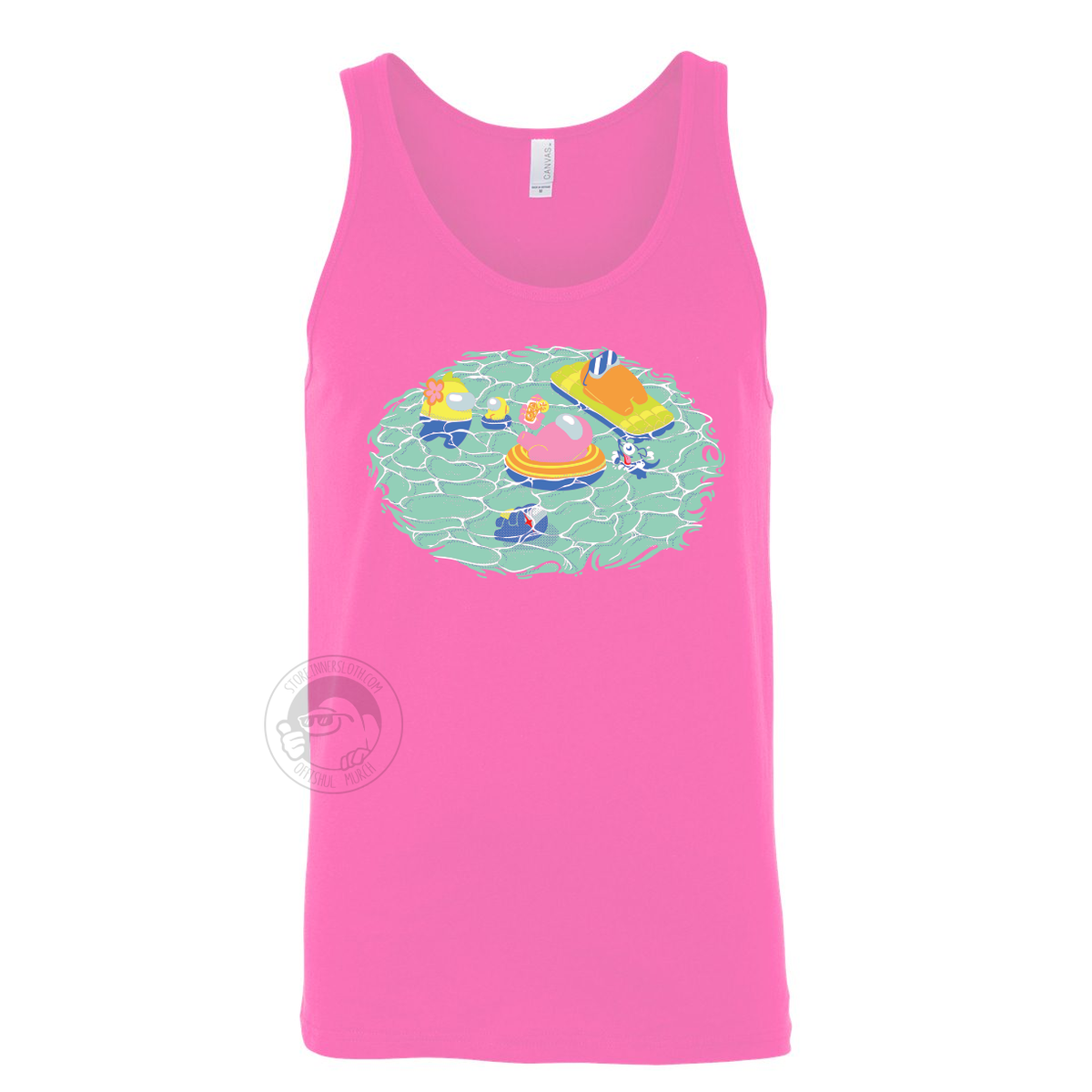 A product photo of the Among Us: Swimming Pool Tank Top. The tank top is pink and shows a pink crewmate lounging in an orange floatie on a teal, circular patch of water. A large yellow crewmate observes a yellow mini crewmate, in a tiny floatie. An orange crewmate, wearing sunglasses, sun bathes on a big lime pool floatie.You can also se a snorkeling space dog and an impostor at the bottom of the pool.