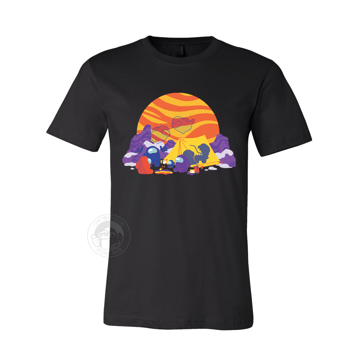A product photo of the Among Us: Polus Camping Tee. The t-shirt is black. The printed illustration depicts a purple, blue and red crewmates with a camping tent among the snowy mountains of Polus with a large orange and yellow swirly sun in the background.