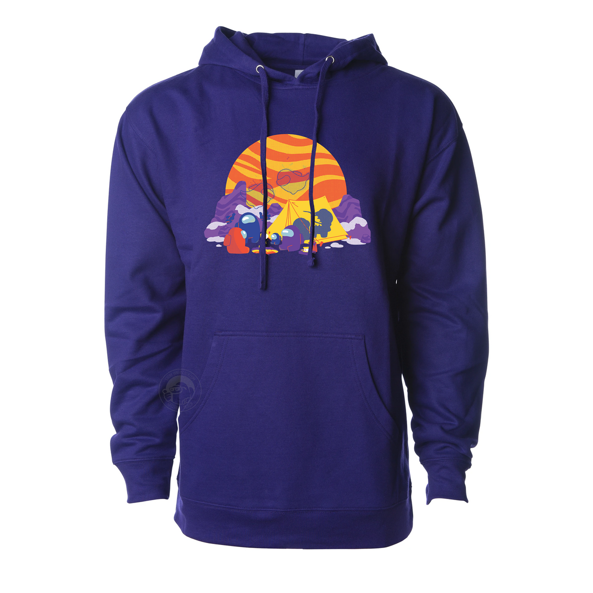A product photo of the Among Us: Polus Camping Hoodie. The hoodie is purple and the printed illustration depicts a purple, blue and red crewmates with a camping tent among the snowy mountains of Polus with a large orange and yellow swirly sun in the background.
