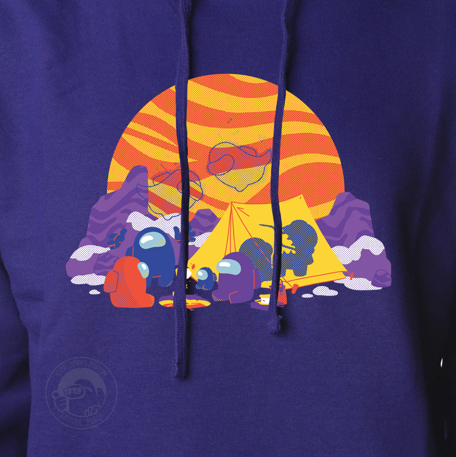A closeup of the art on the purple Among Us: Polus Camping Hoodie.