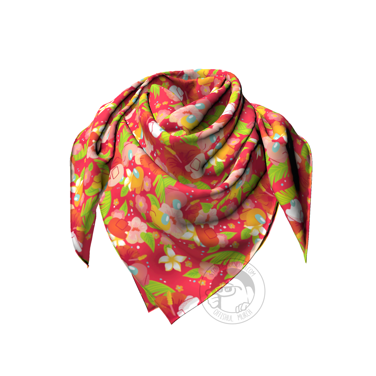 A product photo of the Among Us: Tropical Crewmate Scarf in red. The print is tropical leaves with yellow, orange, red, and coral crewmates throughout, interacting with hibiscus flowers.