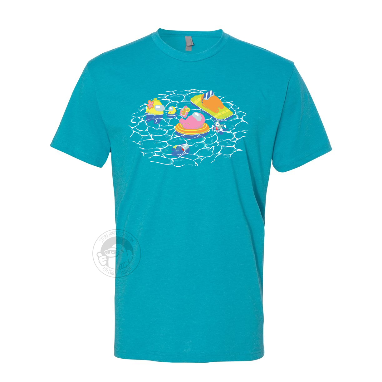 A product photo of the Among Us: Swimming Pool Tee. The t-shirt is turquoise blue and shows a pink crewmate lounging in an orange floatie on a teal, circular patch of water. A large yellow crewmate observes a yellow mini crewmate, in a tiny floatie. An orange crewmate, wearing sunglasses, sun bathes on a big lime pool floatie.You can also see a snorkeling space dog and an impostor at the bottom of the pool.