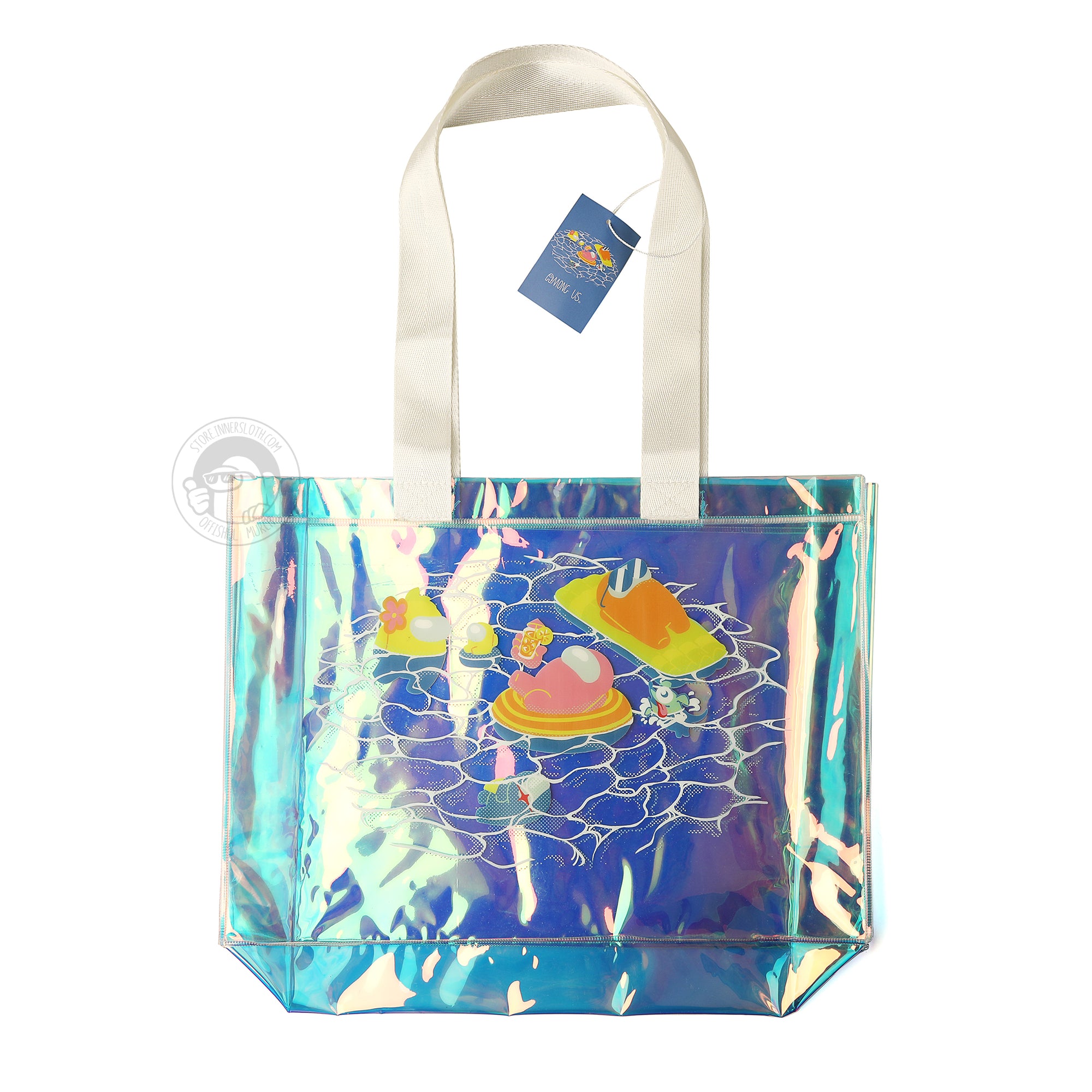 A product photo of the Among Us: Swimming Pool Tote. The tote is iridescent blue with natural canvas straps. The tote shows a pink crewmate lounging in an orange floatie. A large yellow crewmate observes a yellow mini crewmate, in a tiny floatie. An orange crewmate, wearing sunglasses, sun bathes on a big lime pool floatie.You can also see a snorkeling space dog and an impostor at the bottom of the pool. White lineart delineates ripples in the water.
