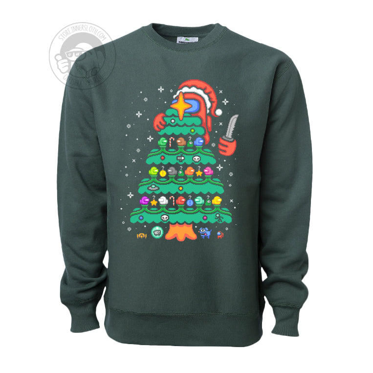 A flat lay photograph of a green sweatshirt on a white background. The illustration on the front of the garment is a large Christmas tree adorned with multi-colored Crewmate lights, candy canes, pets, stars, skulls, ornaments. Underneath the Christmas tree is bedcrab, Hampton, Space dog, and a mini Red Crewmate. A giant red Impostor wearing a santa hat, holding a knife, looms behind the top of the tree. Designed by Drew Wise. Screenprinted by Lamb and Lion.