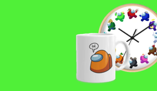 A collage of a mug with an orange among us with speech bubble saying "lol." in front of a crewmate clock.