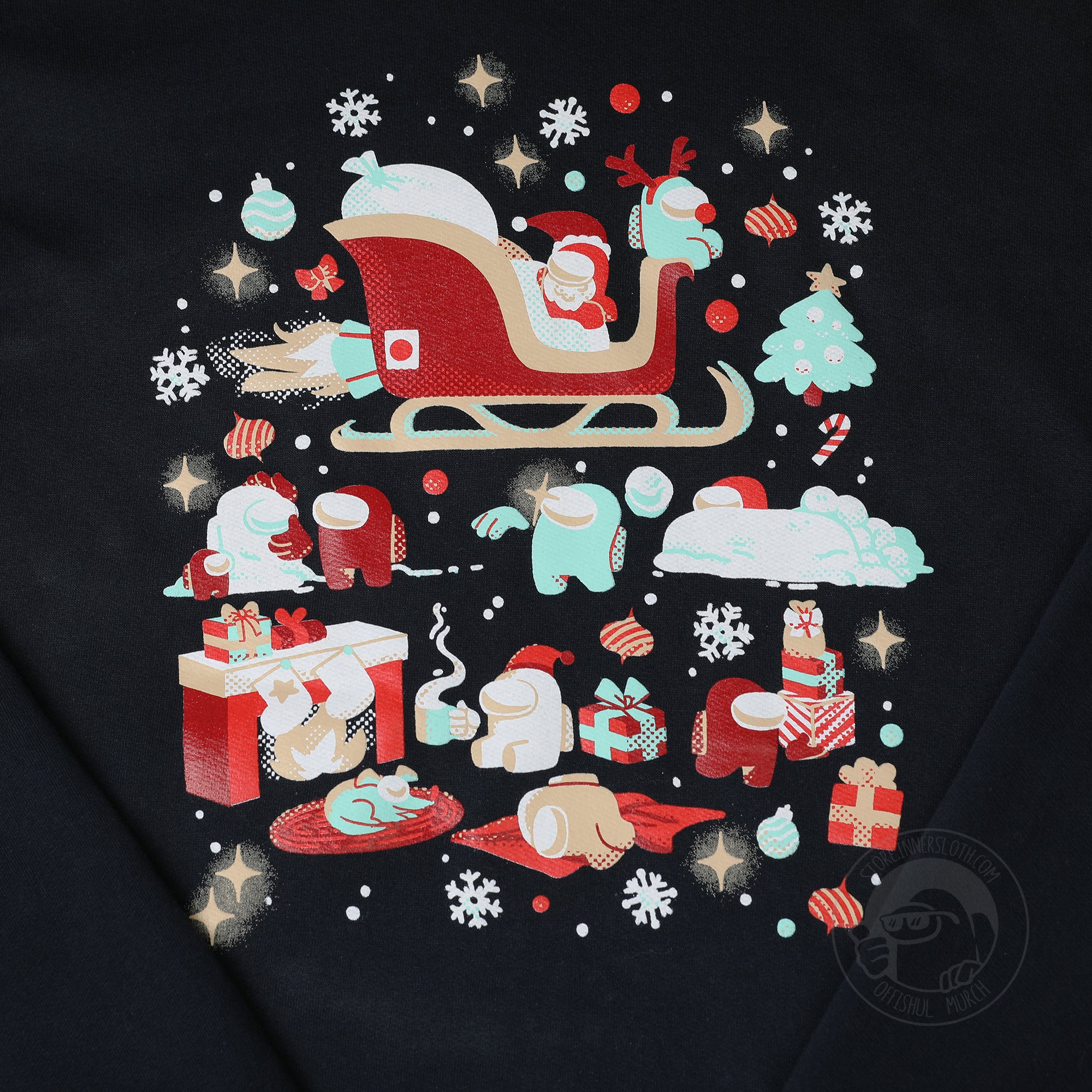 A flat lay photograph of a black longsleeve hoodie on a white background. The garment’s design depicts several Crewmates engaged in various holiday activities such as building a snowman, throwing snowballs, making snowforts, relaxing with cocoa, carrying presents, and taking naps. Flying overhead is a Santa and Rudolph Crewmate in a jet engine sleigh. The scene is surrounded by christmas trees, ornaments, candy canes, snow, snowflakes, bows, red noses, and starry sparkles. Designed by Mengmeng Liu