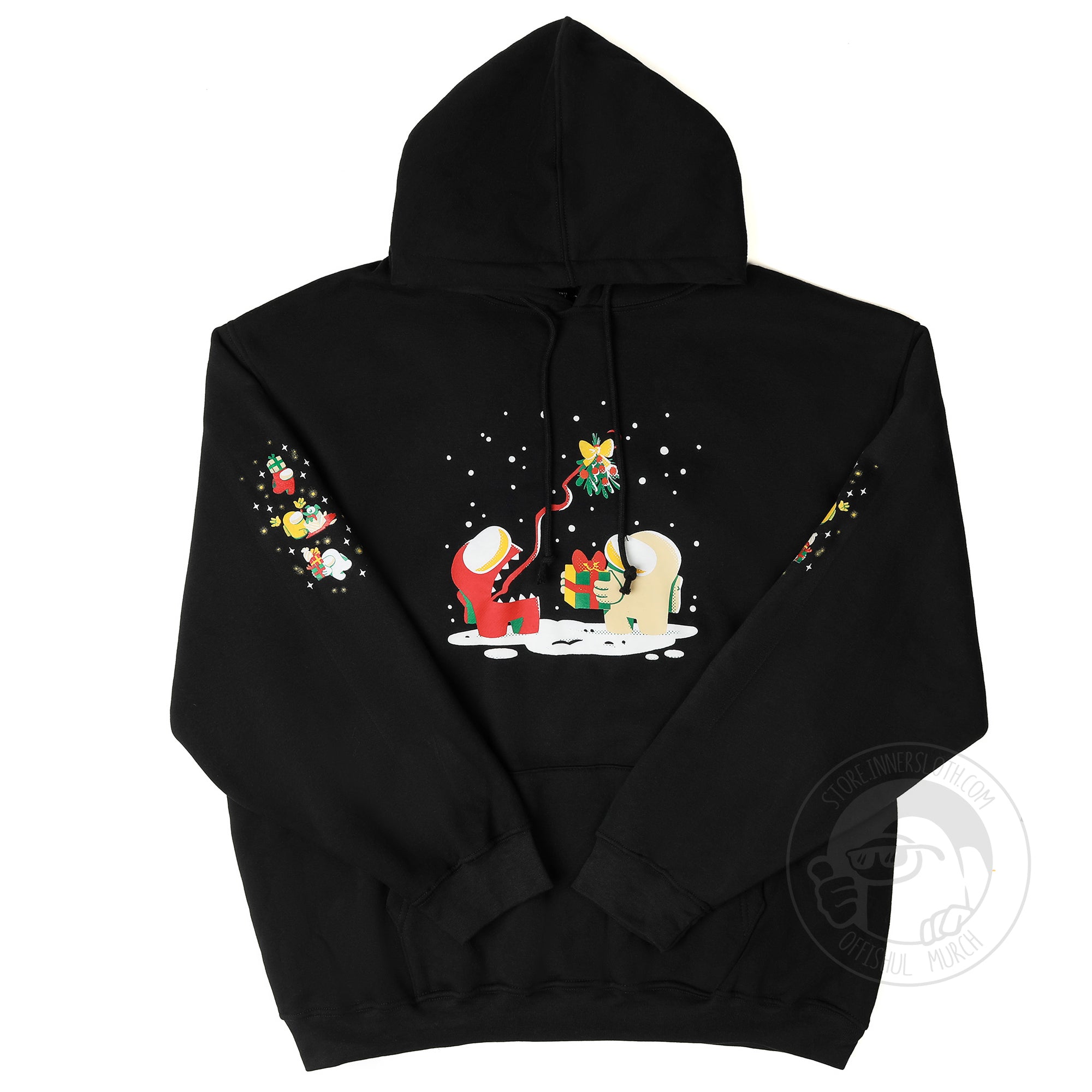 A flat lay photograph of a longsleeve black hoodie on a white background.The front of the garment features an illustration of an Impostor and Crewmate under the Mistletoe and two mirrored holiday sleeve designs. Artwork designed by Mengmeng Liu