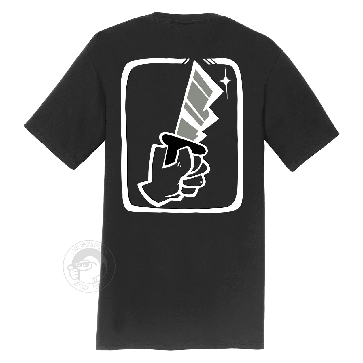A product photograph of the Among Us: Shhhirt t-shirt in black. The art on the shirt shows the crewmate visor and a hand with one finger pointing up in a “shh”ing pose. 