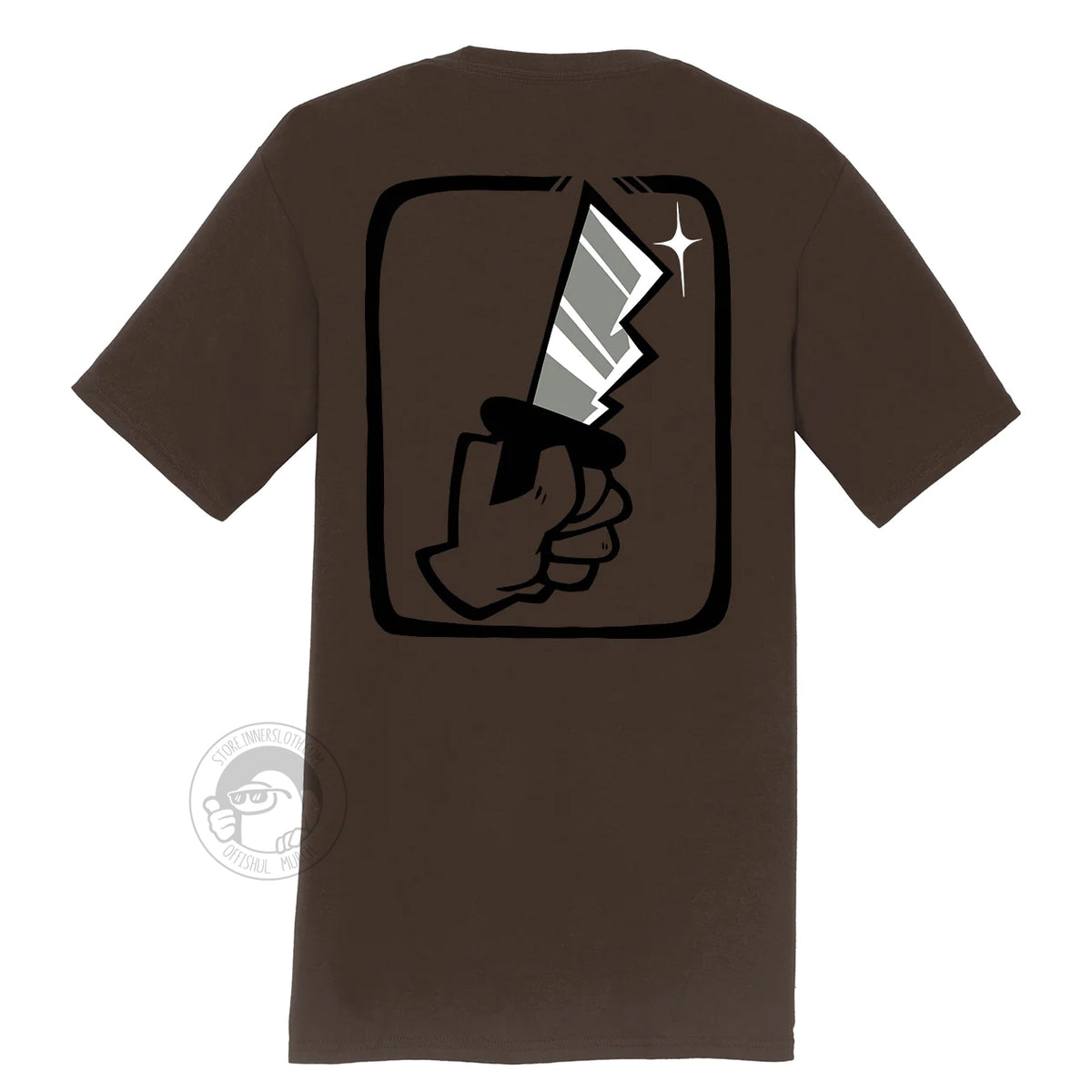 A product photo of the back of the Among Us: Shhhirt in brown. The back art is a large hand holding a knife.