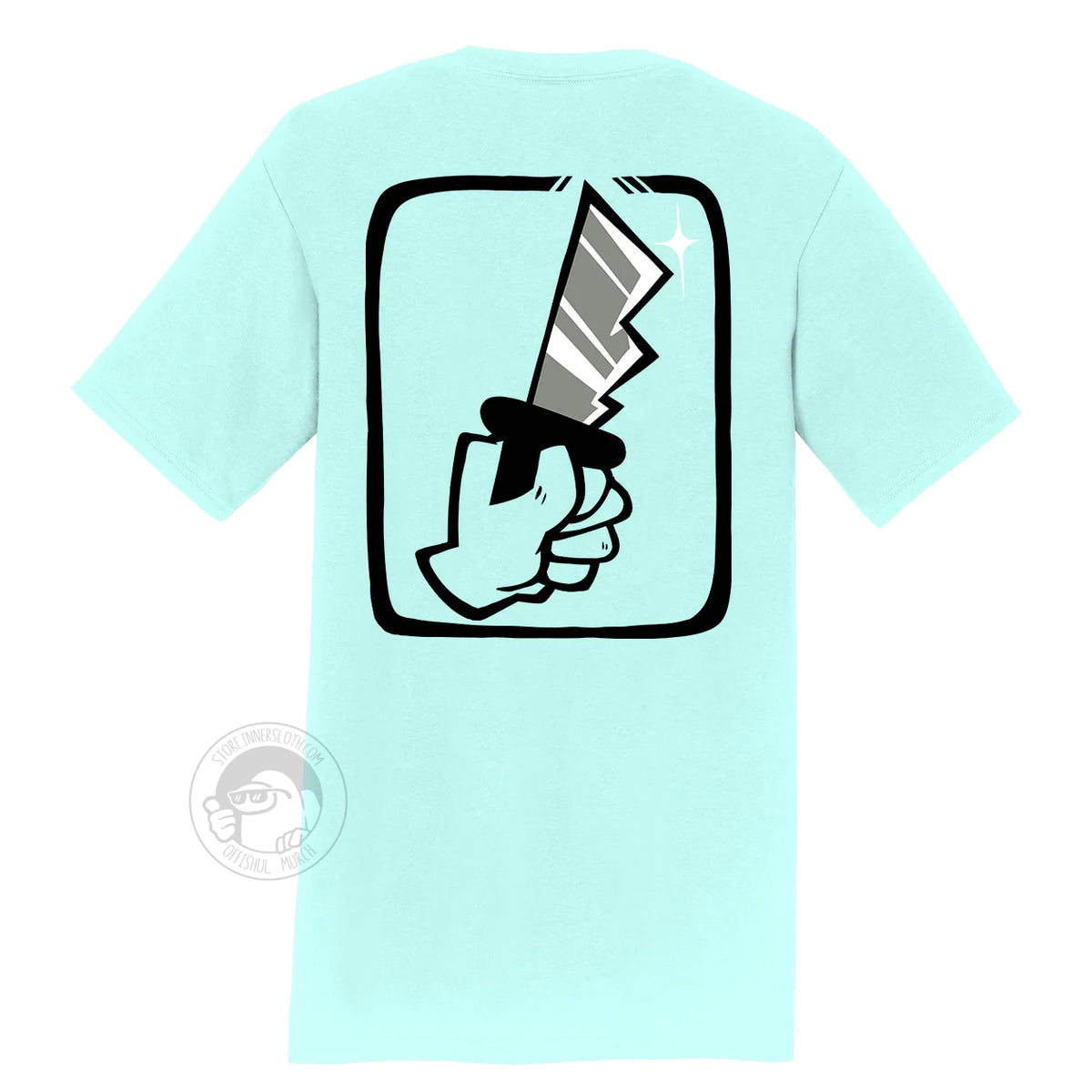 A product photo of the back of the Among Us: Shhhirt in cyan. The back art is a large hand holding a knife.