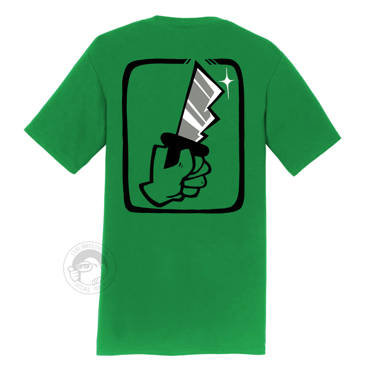 A product photo of the back of the Among Us: Shhhirt in green. The back art is a large hand holding a knife.