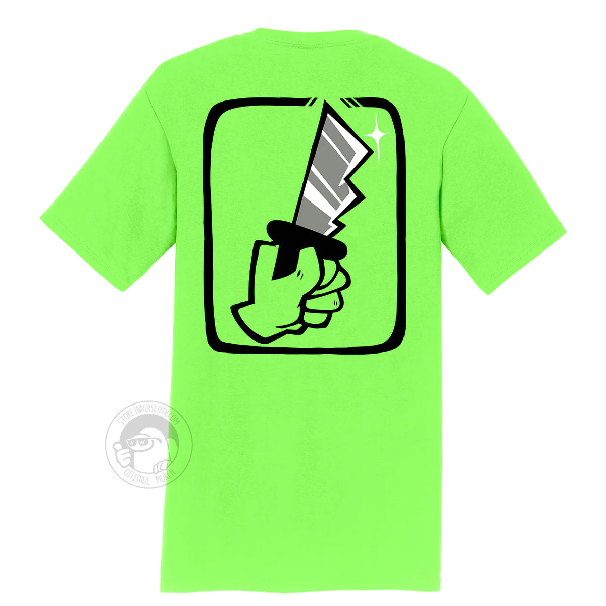 A product photo of the back of the Among Us: Shhhirt in lime green. The back art is a large hand holding a knife.