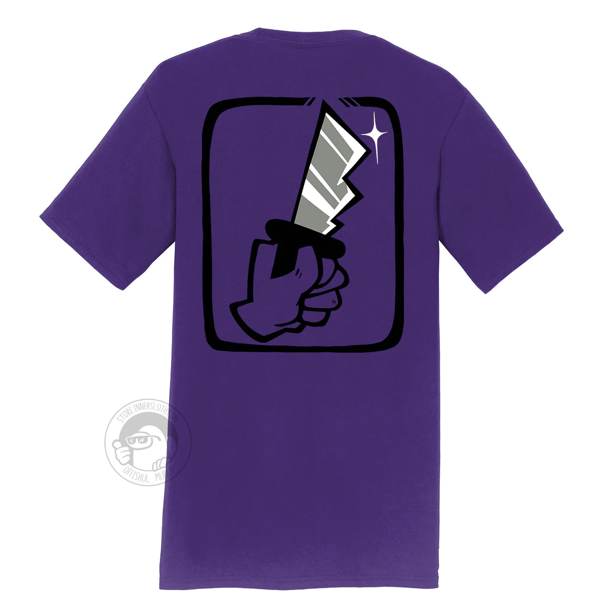 A product photo of the back of the Among Us: Shhhirt in purple. The back art is a large hand holding a knife.