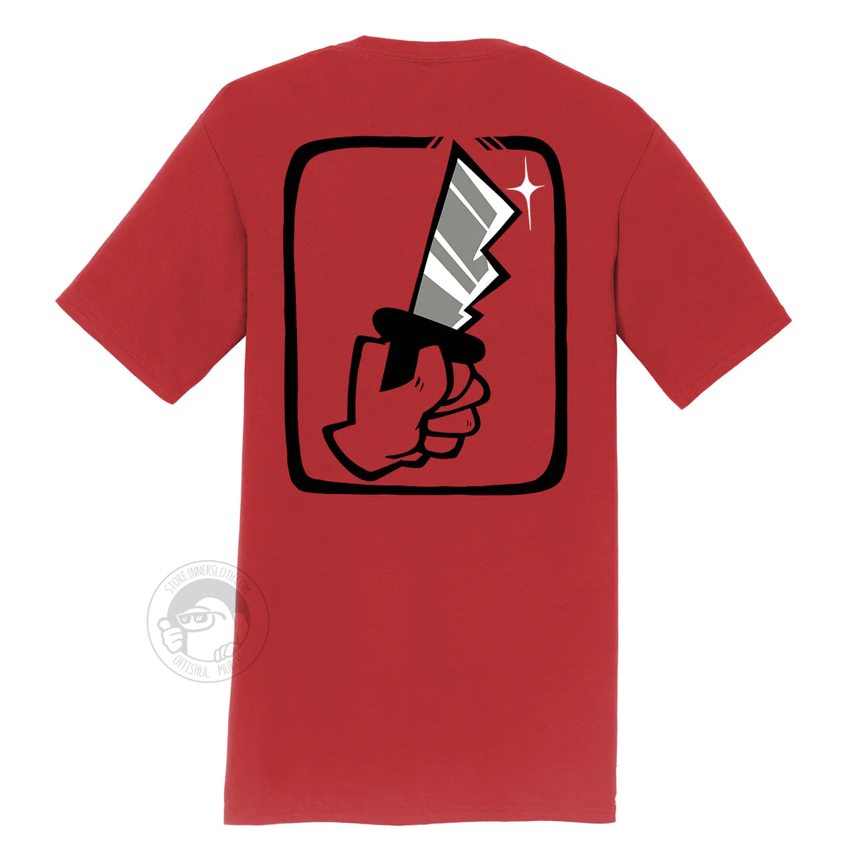A product photo of the back of the Among Us: Shhhirt in red. The back art is a large hand holding a knife.