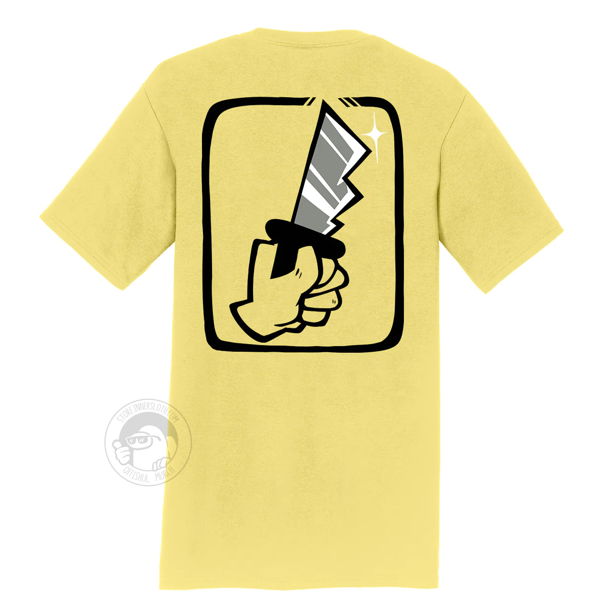 A product photo of the back of the Among Us: Shhhirt in yellow. The back art is a large hand holding a knife.