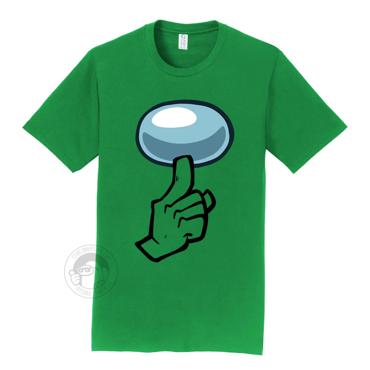 A product photograph of the Among Us: Shhhirt t-shirt in green. The art on the shirt shows the crewmate visor and a hand with one finger pointing up in a “shh”ing pose. 
