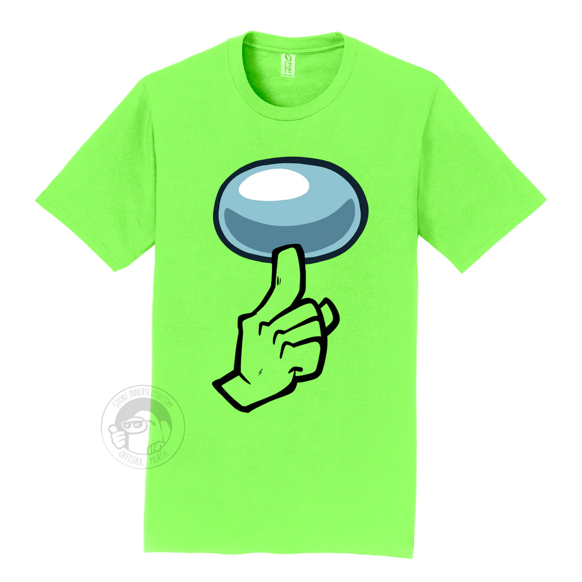 A product photograph of the Among Us: Shhhirt t-shirt in lime green. The art on the shirt shows the crewmate visor and a hand with one finger pointing up in a “shh”ing pose. 