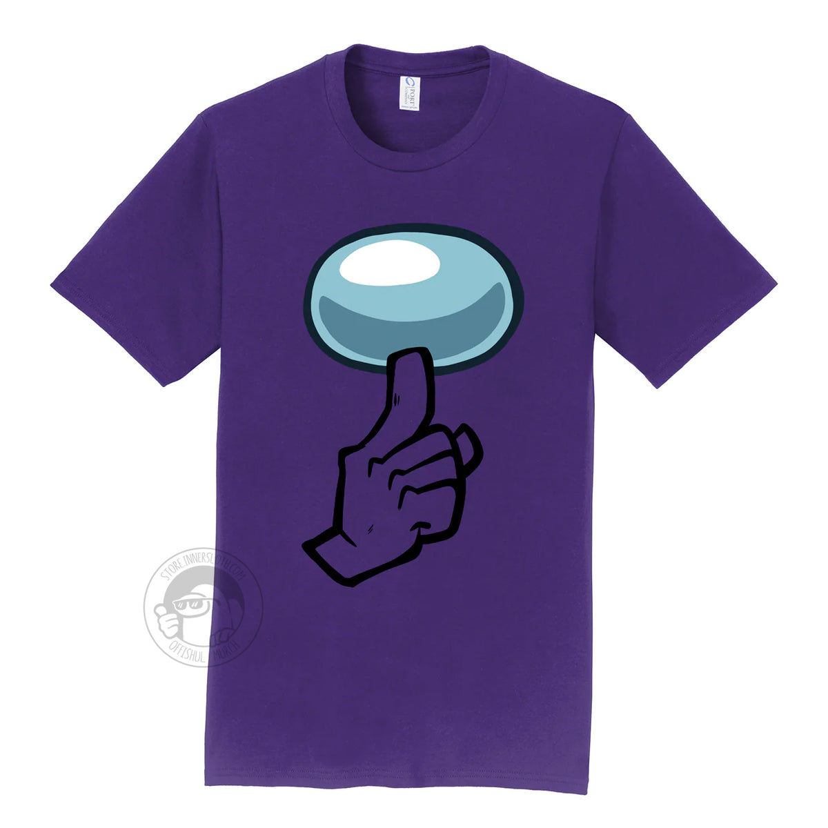 A product photograph of the Among Us: Shhhirt t-shirt in purple. The art on the shirt shows the crewmate visor and a hand with one finger pointing up in a “shh”ing pose. 