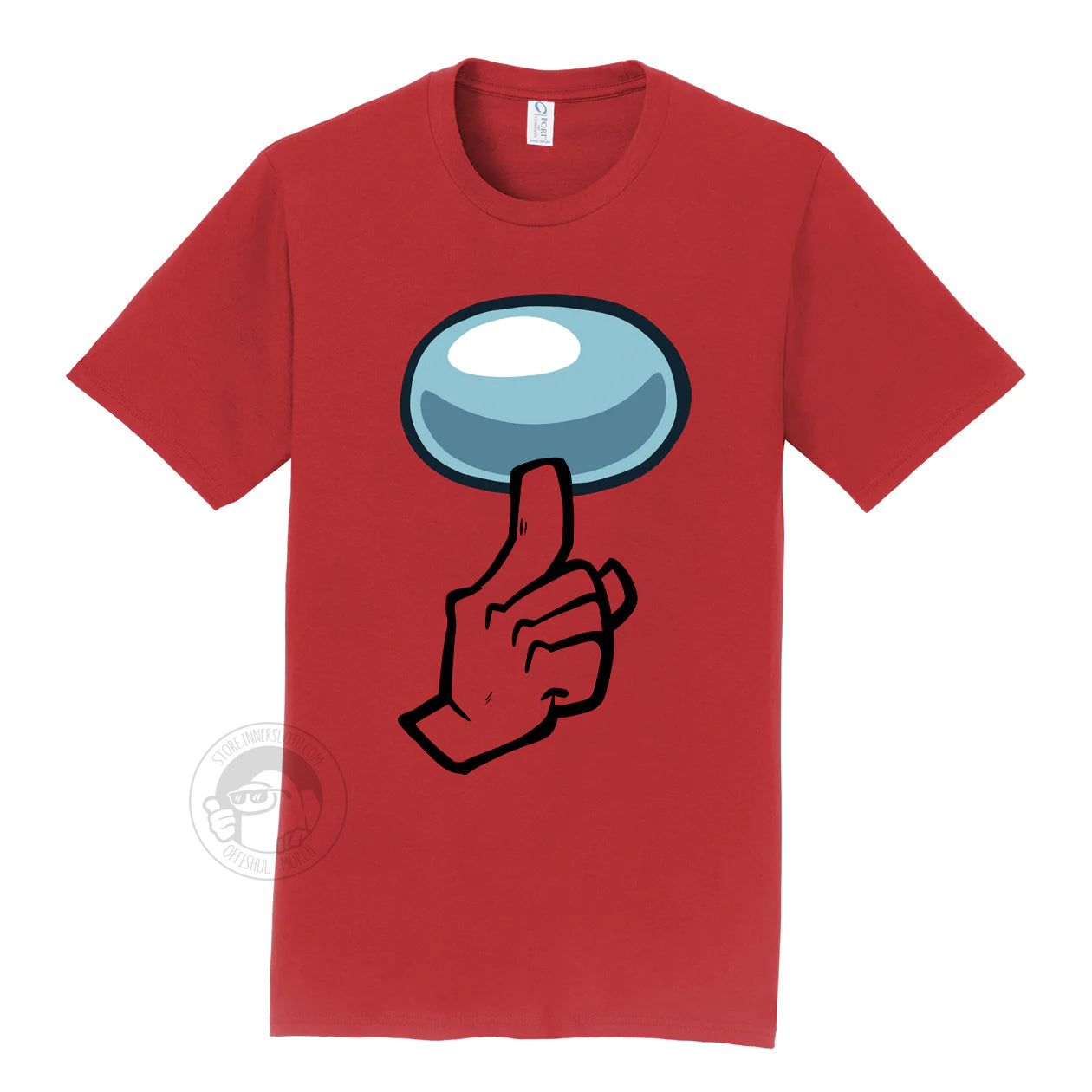 A product photograph of the Among Us: Shhhirt t-shirt in red. The art on the shirt shows the crewmate visor and a hand with one finger pointing up in a “shh”ing pose. 