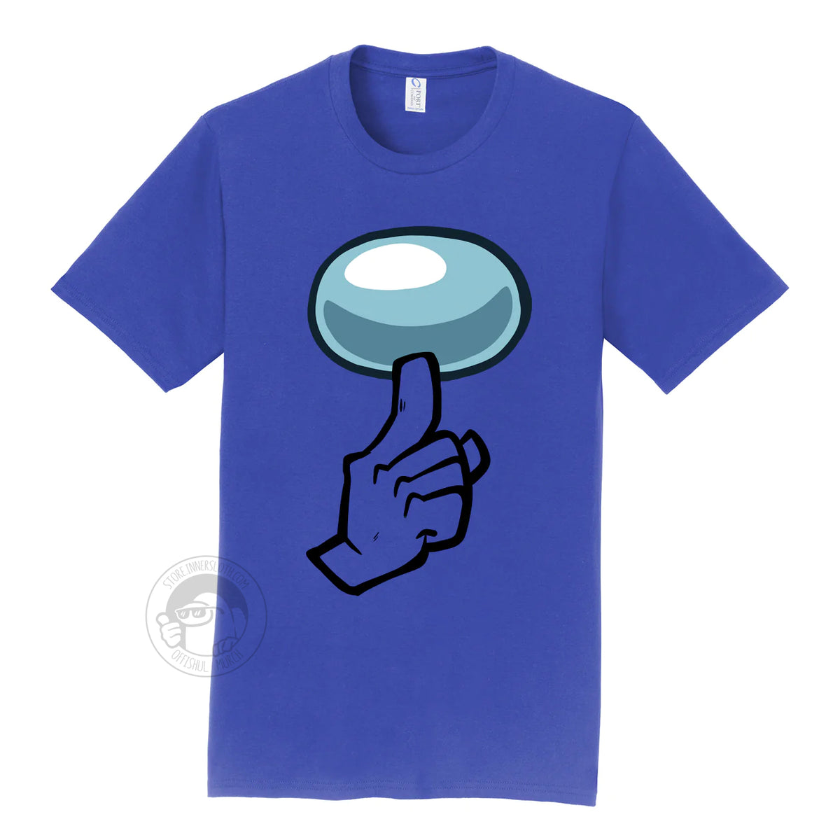 A product photograph of the Among Us: Shhhirt t-shirt in blue. The art on the shirt shows the crewmate visor and a hand with one finger pointing up in a “shh”ing pose