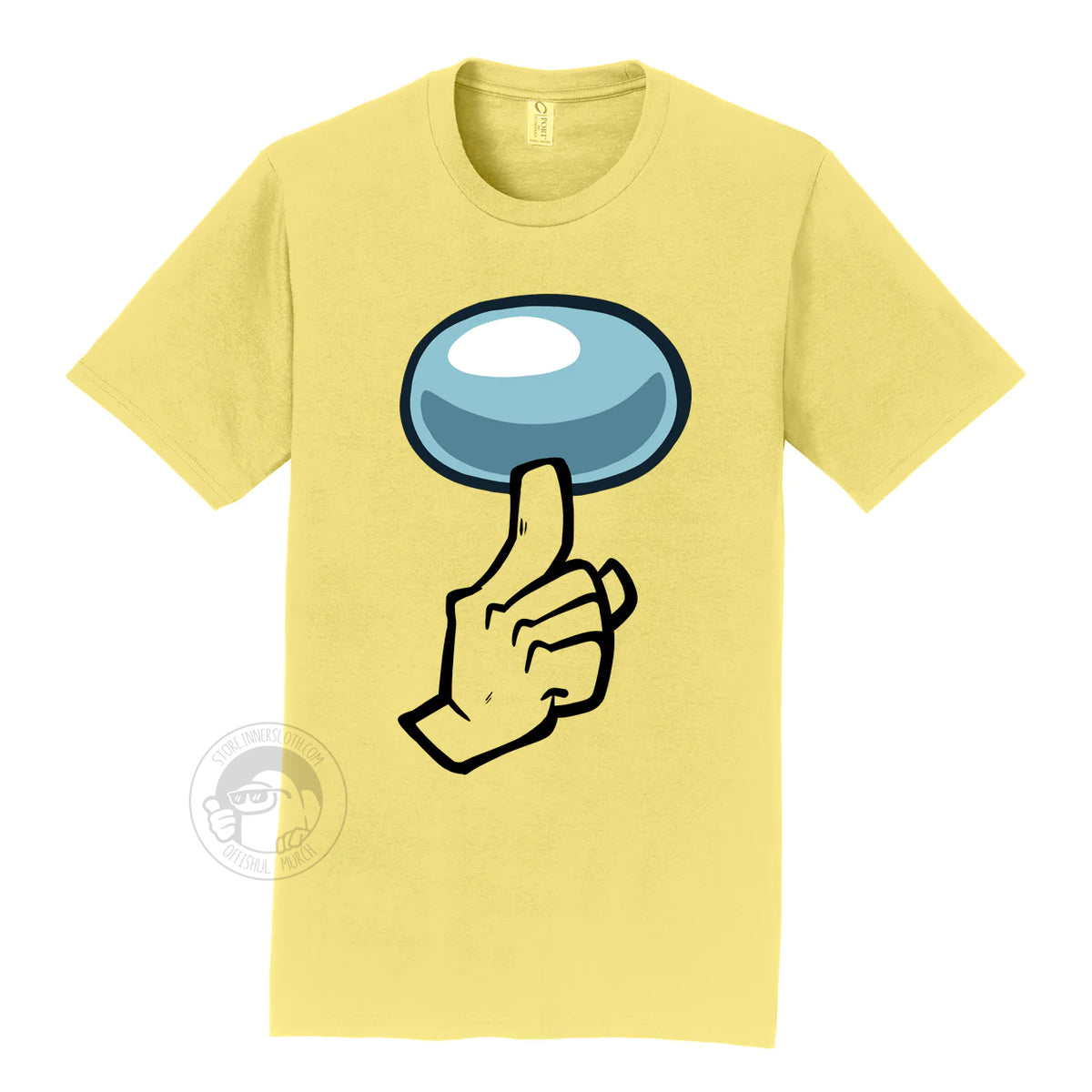 A product photograph of the Among Us: Shhhirt t-shirt in yellow. The art on the shirt shows the crewmate visor and a hand with one finger pointing up in a “shh”ing pose.