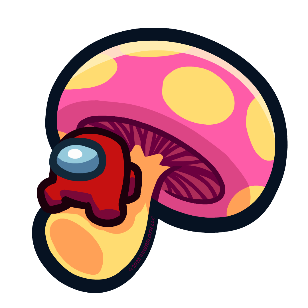 A sticker showing a small red crewmate sitting on the stem of a pink mushroom with yellow spots on its cap.