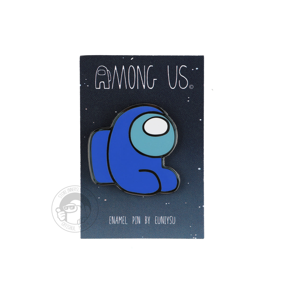 A product photo of the blue Among Us: Mini Crewmate Enamel Pin on its pin card. The backing card is a starry night sky with the Among Us logo and credits the Enamel Pin by Euniysu.