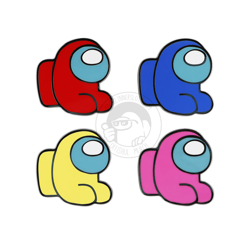 A product photograph of all four color variants of the Among Us: Mini Crewmate Enamel Pin. The Mini Crewmate pins are in a sitting position and are available in red, blue, yellow, and pink.