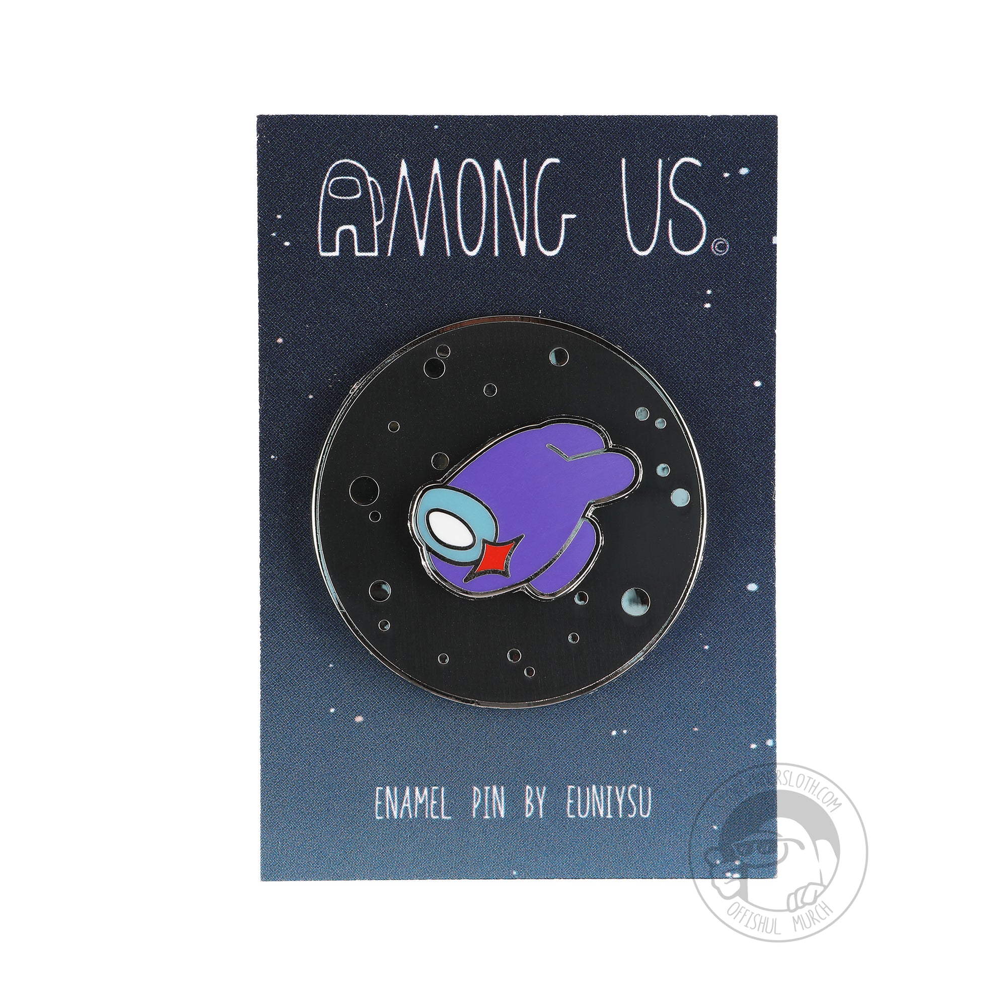 A gif image of a model spinning the purple crewmate on the Among Us: Spinning into Space Enamel Pin. The crewmate spins on a circular black plate with shiny bubbles representing space. 