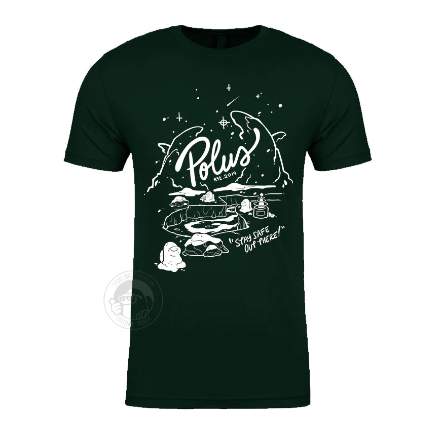 A product photo of the Among Us: Stay Safe on Polus Tee in hunter green. The white lineart on the shirt outlines snow drifts in motion above a crack in the ice. Snowmen crewmates surround the snow-covered water. “Polus” is written in large cursive text across the middle, with smaller text “Stay Safe Out There!” on the bottom right.
