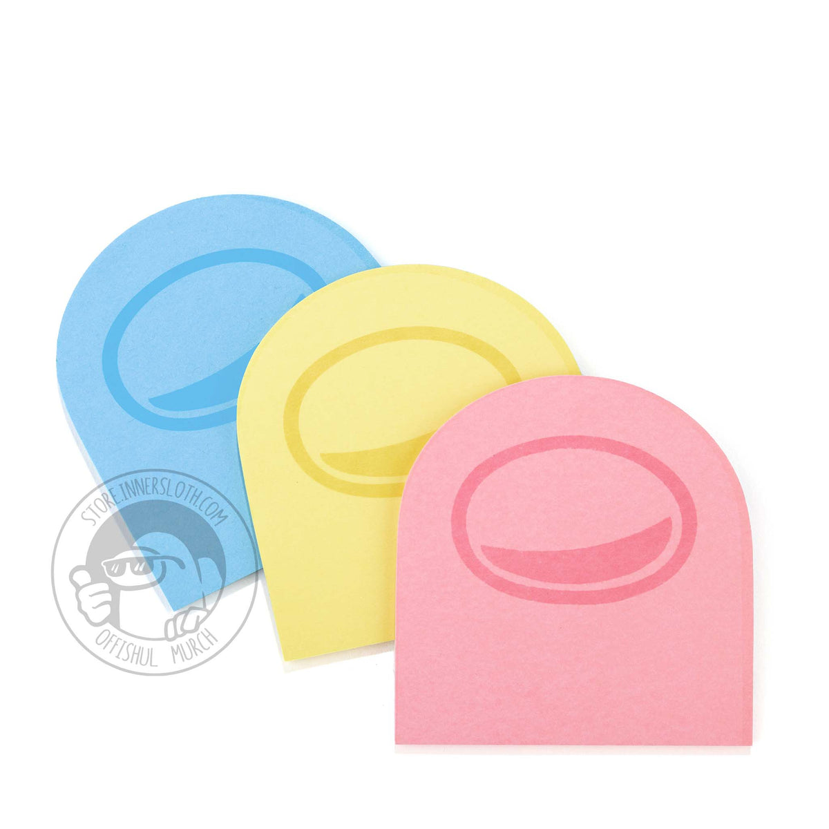 A product photo of each color pack of Post-It notes - blue, yellow, and pink - laying atop one another.