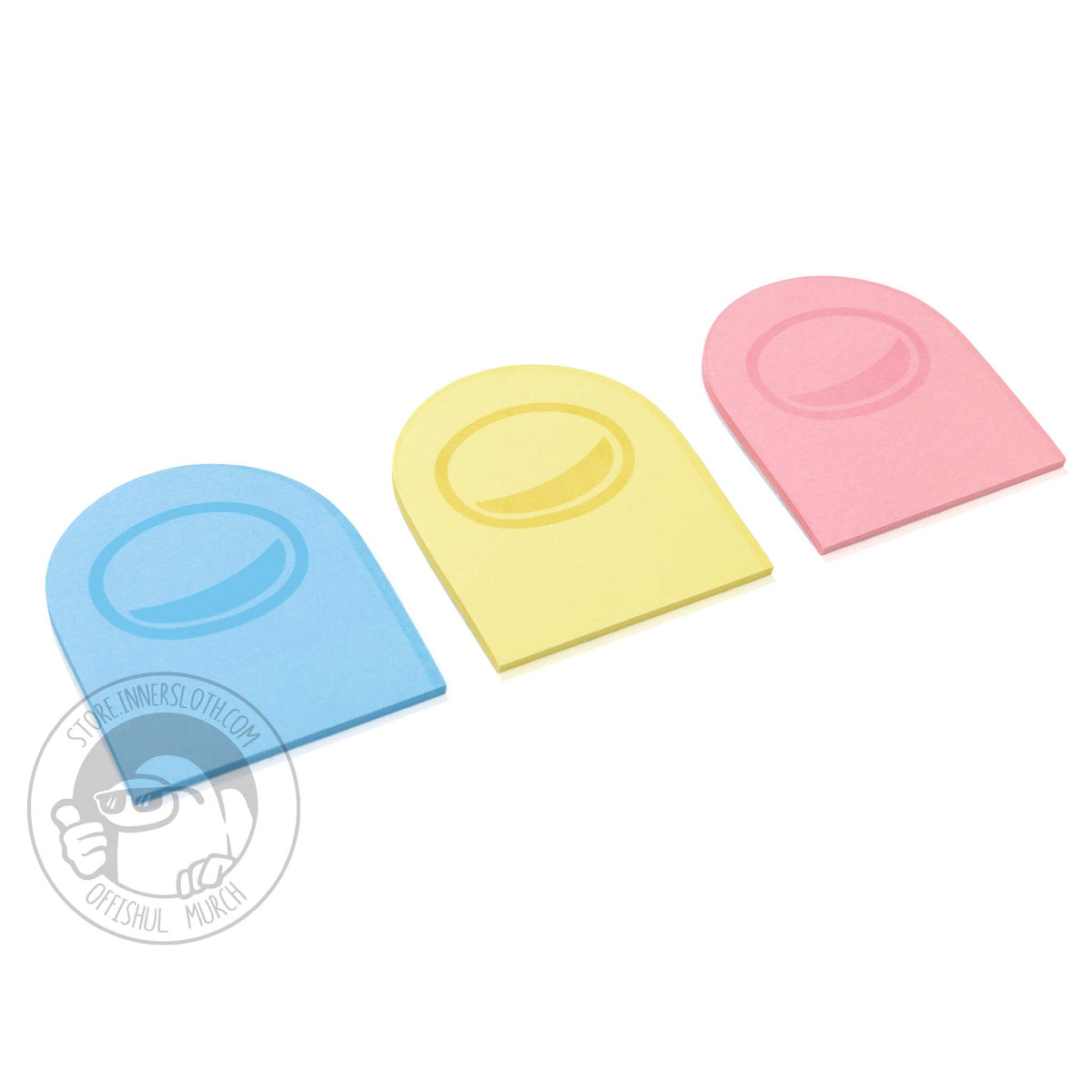 A product photo of each color pack of Post-It notes - blue, yellow, and pink - laying side by side.