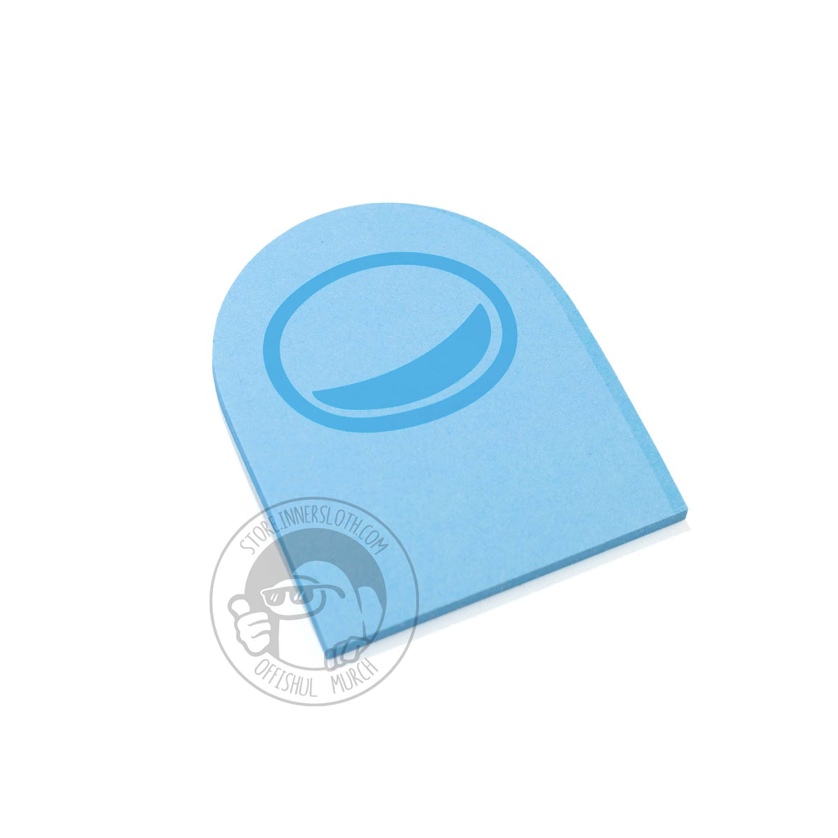 A product photo of the blue pack of Crewmate Post-It Notes placed diagonally.