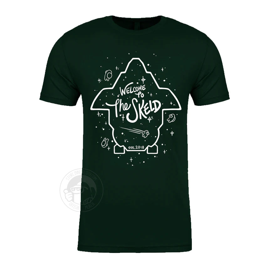 A product photo of the Among us: Welcome to The Skeld Tee in hunter green. The white lineart on the shirt outlines the perimeter of the Skeld game map, with white stars and small crewmates sprinkled around it.