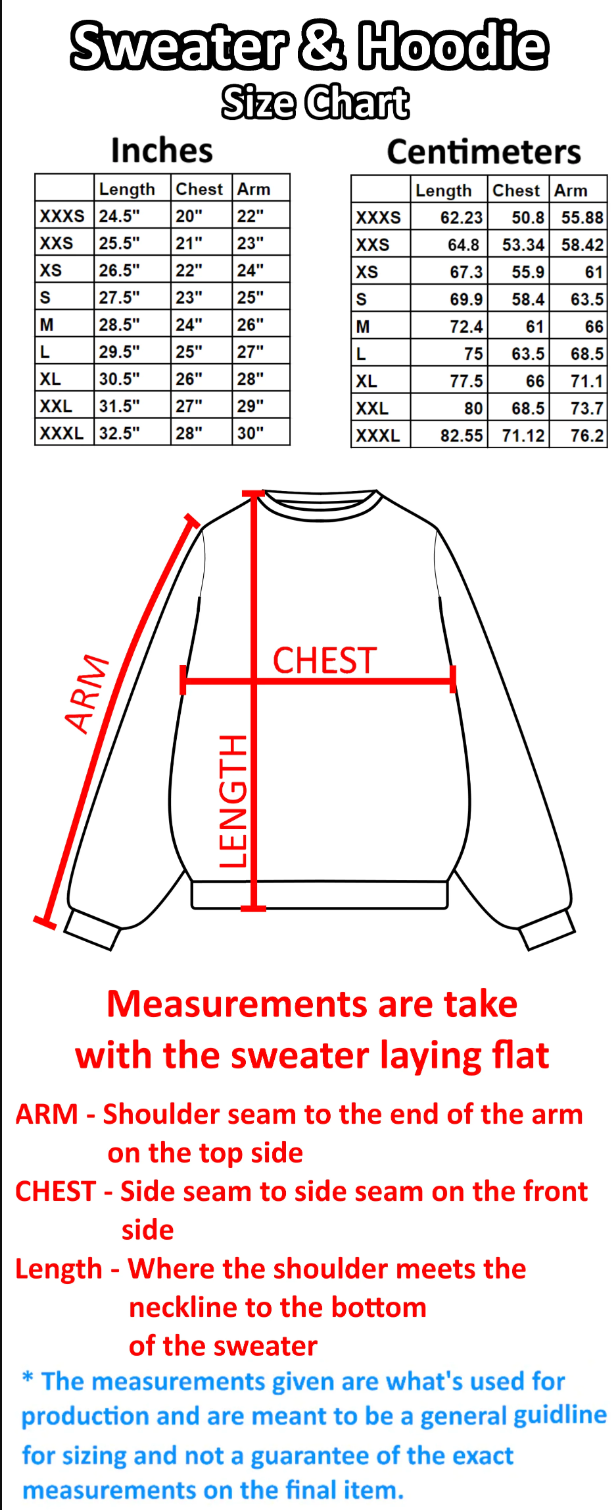 Size chart in inches. Arm is shoulder seam to the end of the arm on the side. Chest is side seam to side seam on the front. Length is where the shoulder meets the neckline to the bottom of the sweater. Measurements are a general guideline and not exact. Order of measurements are length, chest, arm. XS is 26.5, 22, 24. S is 27.5, 23, 25. M is 28.5, 24, 26. L is 29.5, 25,  27. XL is 30.5, 26, 28. XXL is 31.5, 27, 29. XXXL is 32.5, 28, 30.