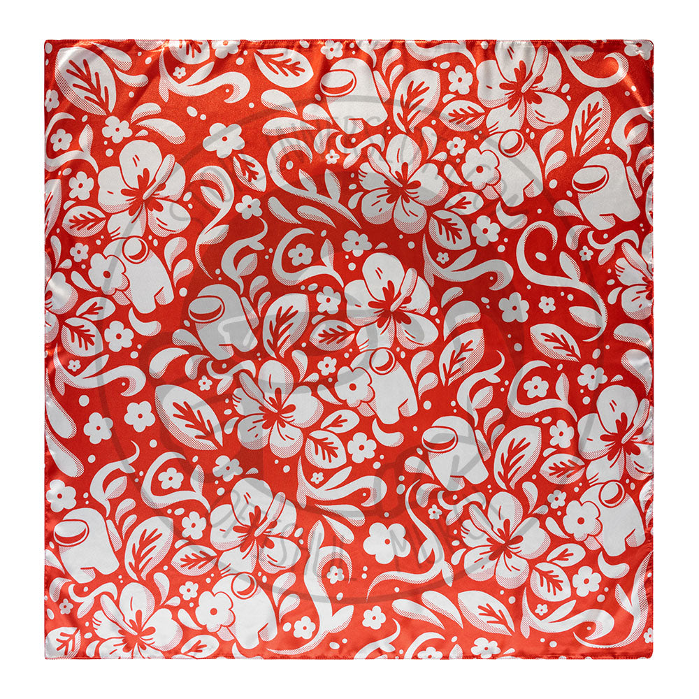 A product photograph of a folded up red scarf with white illustrative details of swirls, flowers, leaves, and crewmates.