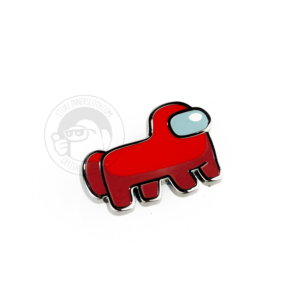 A mock Twitter post pin backing card of the official Among Us account that says "What if." Underneath the text is a four-legged Crewmate horse, "Horsemate," a shiny, red, enamel pin attached to the card.