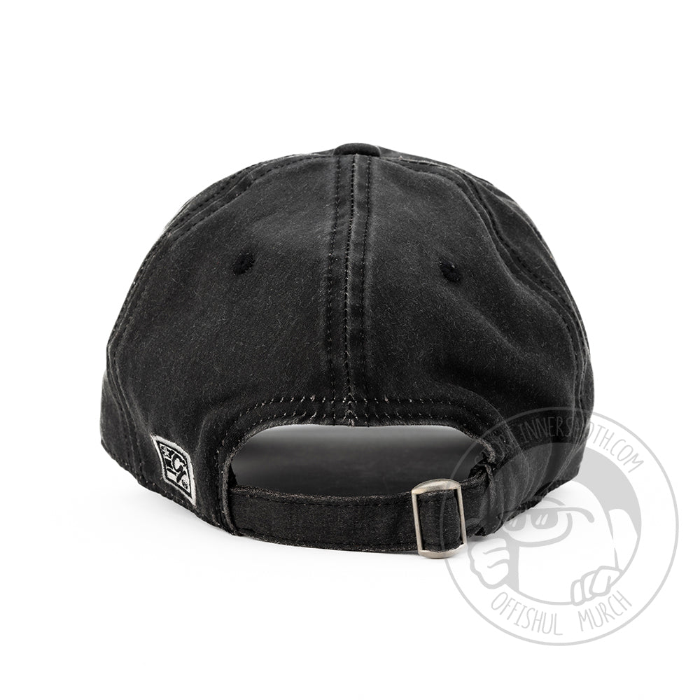 Backview photo of the black DUM hat to show adjustable strap.