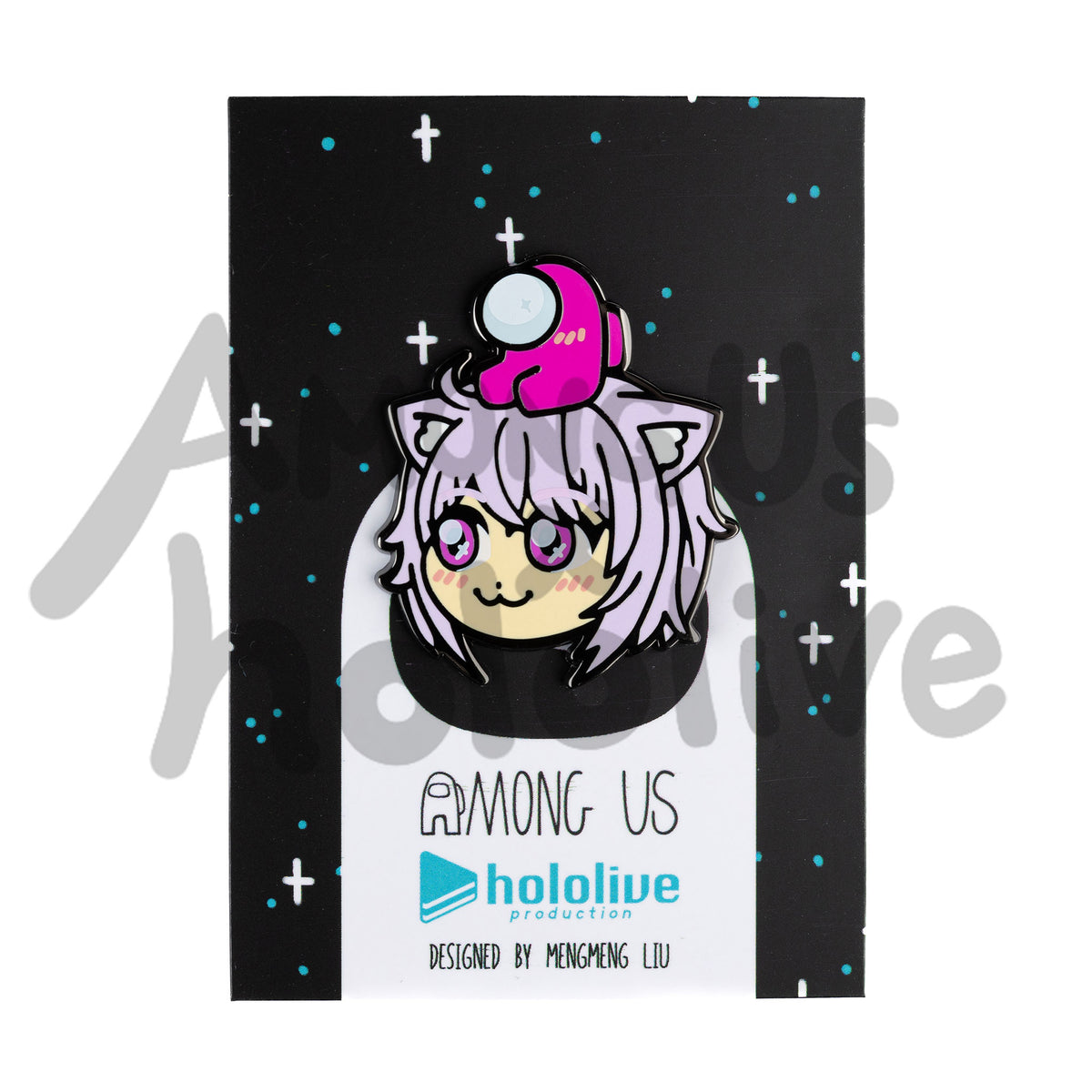 Hololive x Among Us black backing card covered with blue and white stars. There&#39;s a white Crewmate in the middle of the card covered up by an enamel pin of Okayu&#39;s face, a tiny Pink Crewmate sitting atop her head. Backing Card text reads &quot;Among Us Hololive Production Designed by Mengmeng Liu.&quot;