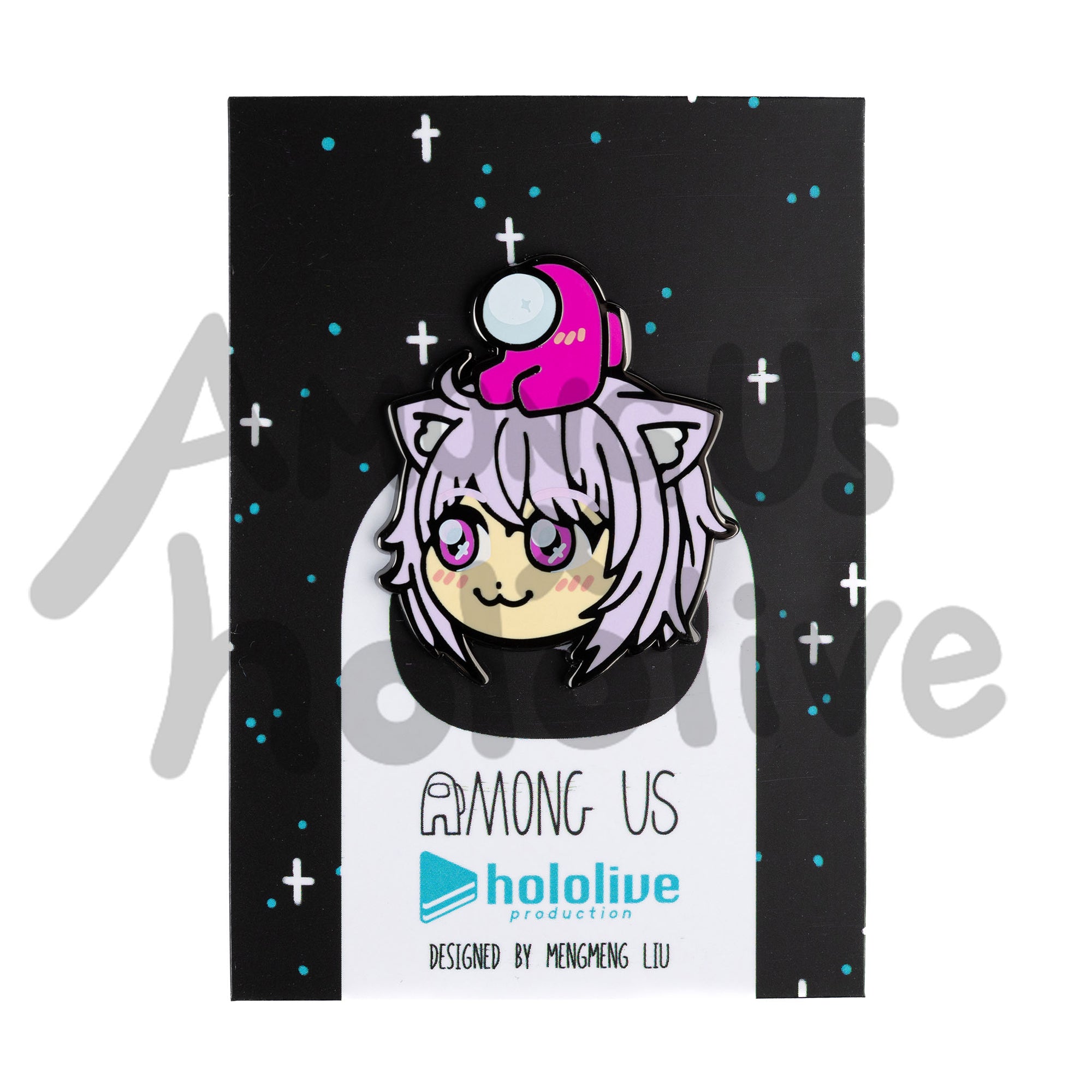Enamel Pin of Nekomata Okayu's Face from Hololive. Okayu has fair skin, magenta sparkly eyes, and pastel purple bobbed hair with matching purple cat ears. There's a Pink Crewmate sitting atop her head. Both characters have pink blush marks on their faces.