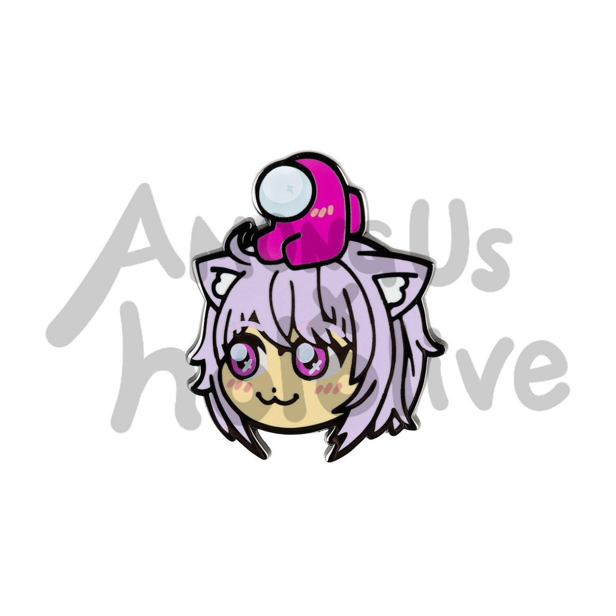 Enamel Pin of Nekomata Okayu&#39;s Face from Hololive. Okayu has fair skin, magenta sparkly eyes, and pastel purple bobbed hair with matching purple cat ears. There&#39;s a Pink Crewmate sitting atop her head. Both characters have pink blush marks on their faces.