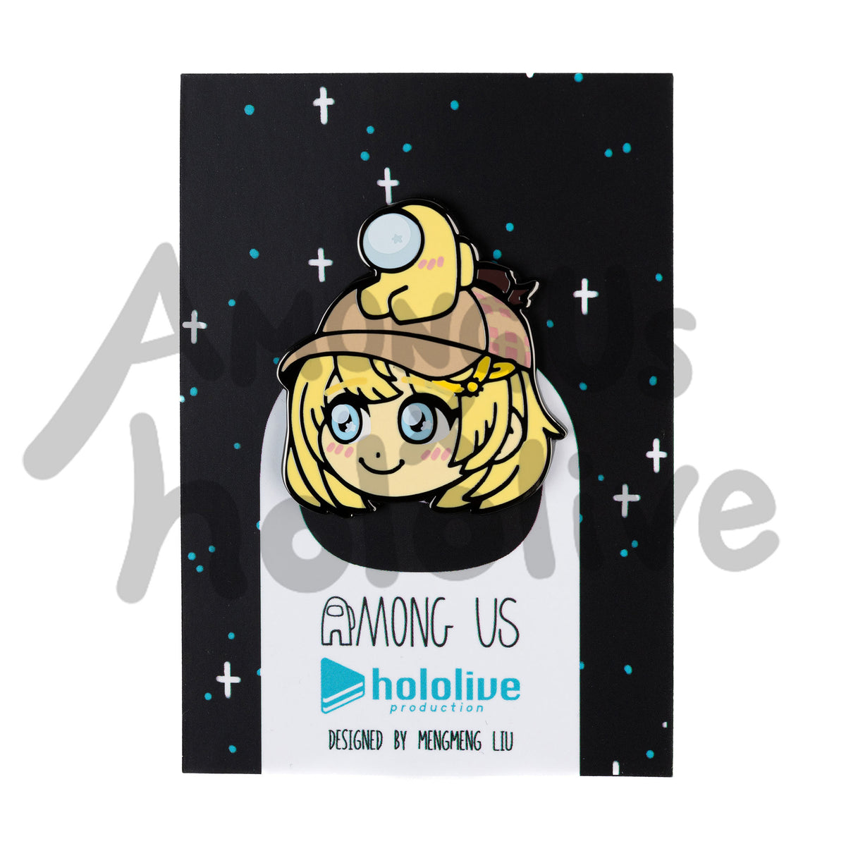 Hololive x Among Us black backing card covered with blue and white stars. There&#39;s a white Crewmate in the middle of the card covered up by an enamel pin of Amelia’s face, a tiny yellow Crewmate sitting atop her head. Backing Card text reads &quot;Among Us Hololive Production Designed by Mengmeng Liu.&quot;