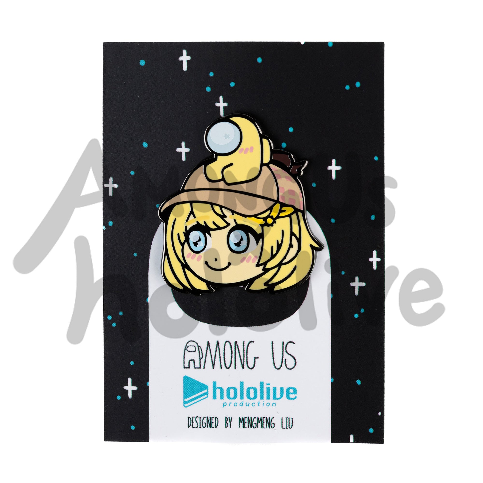 Enamel Pin of Watson Amelia's Face from Hololive.Amelia has fair skin, cyan sparkly eyes, and yellow bobbed hair. She wears a tan baseball cap. There's a Yellow crewmate sitting atop her head. Both characters have pink blush marks on their faces.