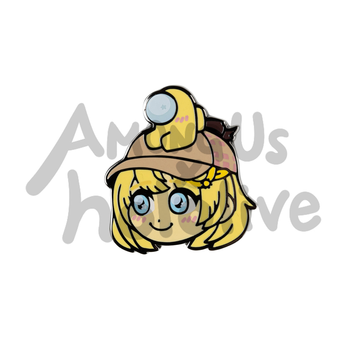 Enamel Pin of Watson Amelia&#39;s Face from Hololive.Amelia has fair skin, cyan sparkly eyes, and yellow bobbed hair. She wears a tan baseball cap. There&#39;s a Yellow crewmate sitting atop her head. Both characters have pink blush marks on their faces.