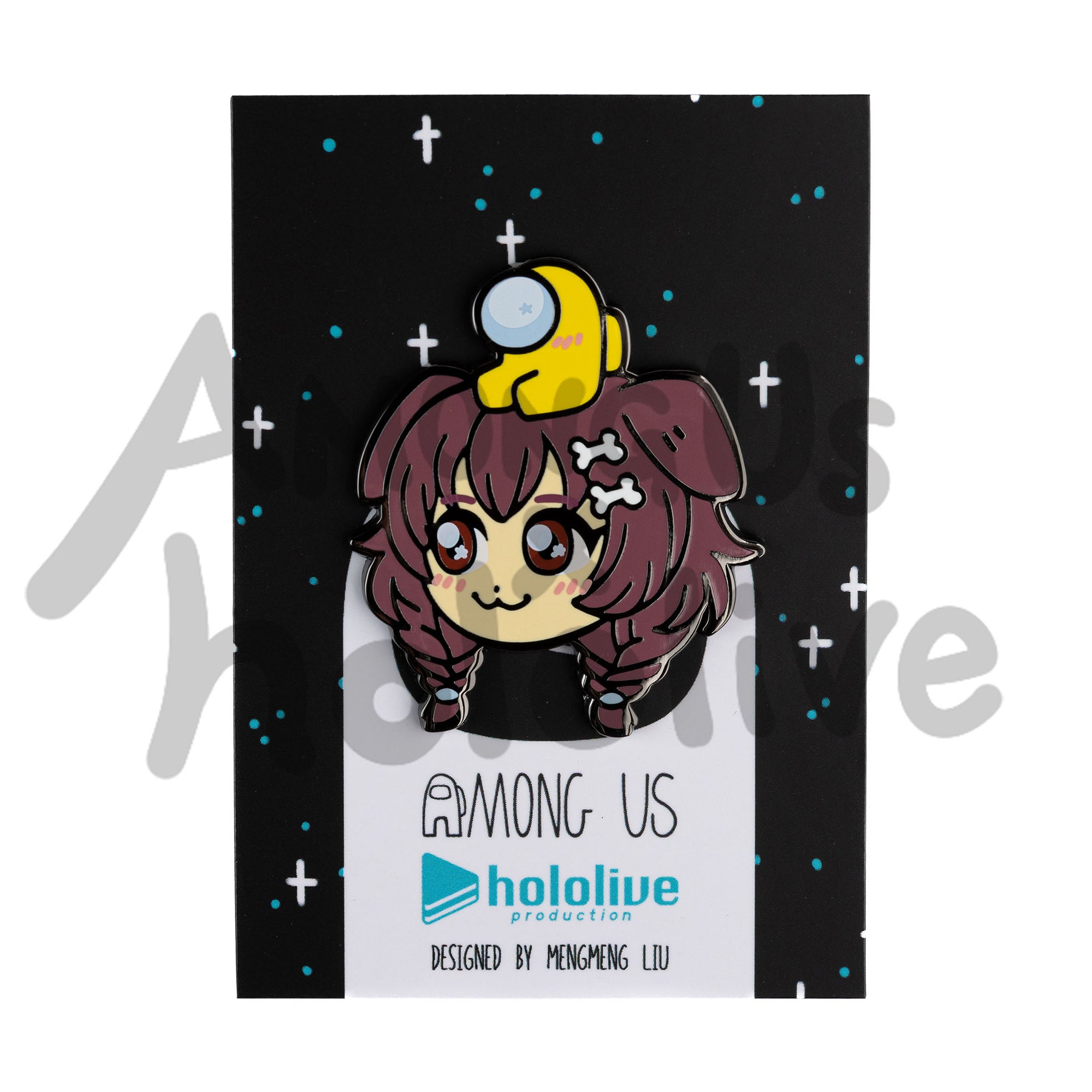 Enamel Pin of Inugami Korone's Face from Hololive. Marine has fair skin, crismon sparkly eyes, and brown hair braided into long pigtails. Her hair clips are little white bones. There's a Yellow Crewmate sitting atop her head. Both characters have pink blush marks on their face.