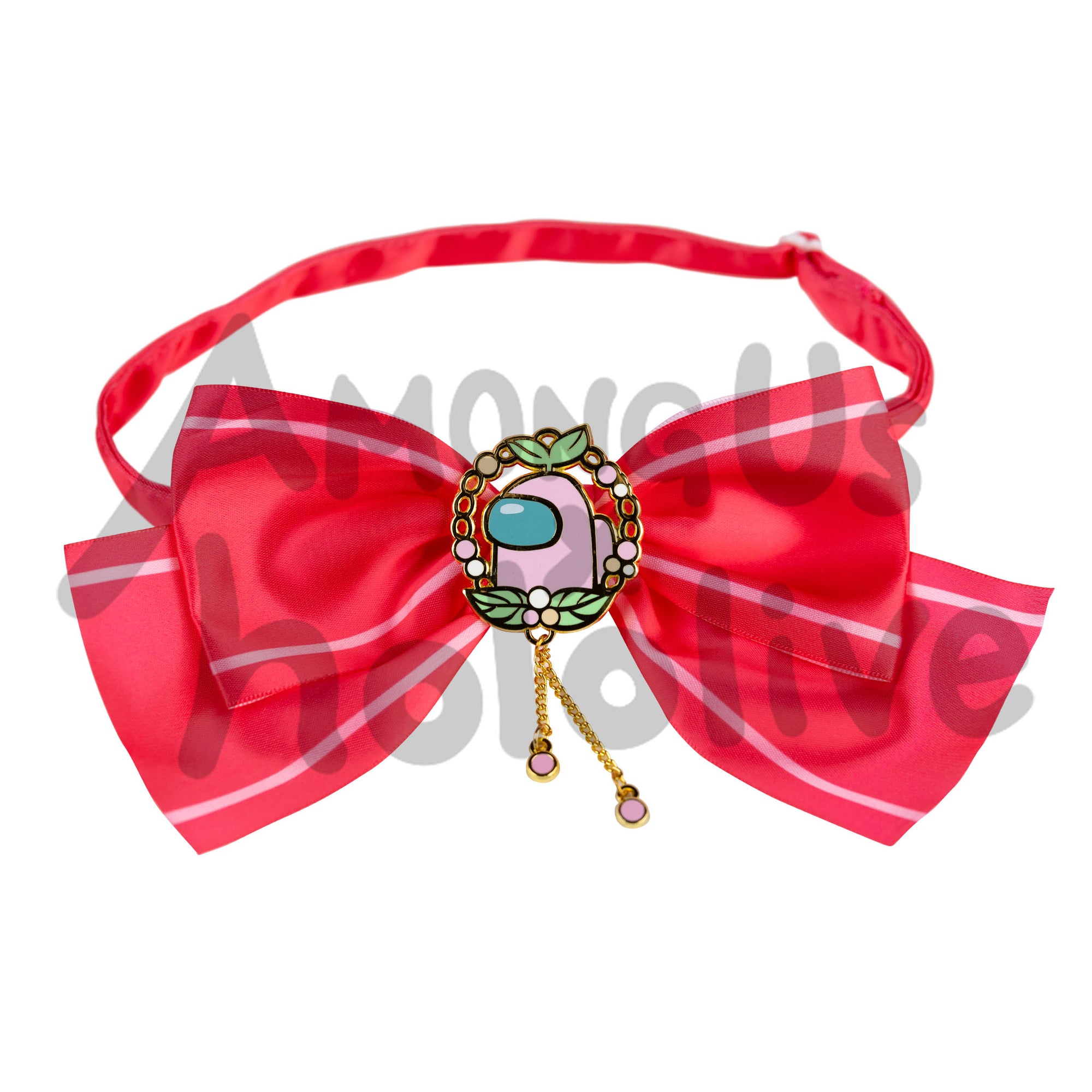 A product photo of a red hair bow with two light pink border stripe accents. At the center of the bow is an enamel charm. The charm depicts a rose crewmate with a light green sprout hat in the center of a berry wreath. Two circular pink charms dangle from the center charm from delicate gold chains.