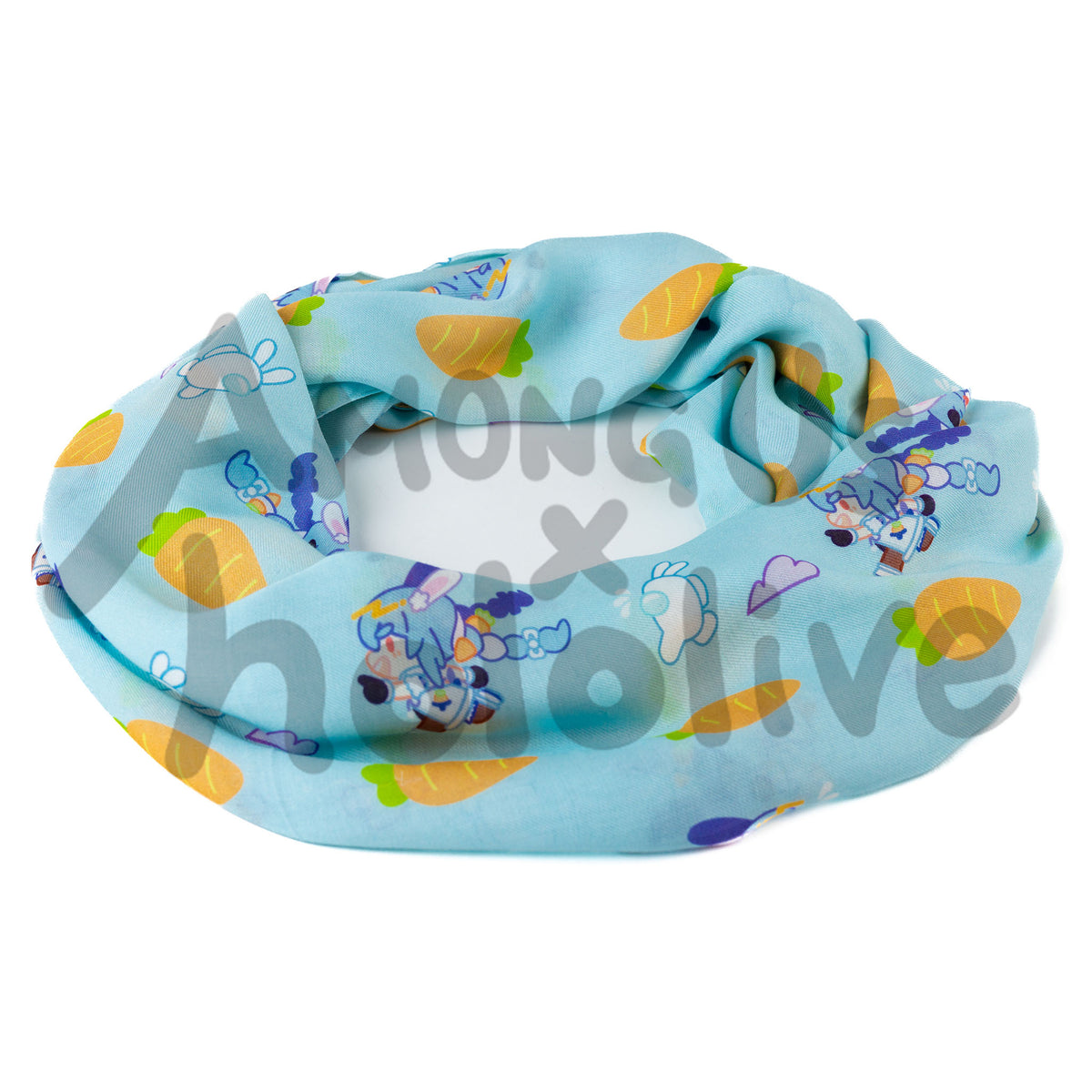 Product image close up of the pekora Scarf in a donut shape. The light blue scarf features a lined pattern of Pekora from hololive running back and forth. There is a white Crewmate with bunny ears chasing her with little zoom SFX behind it. There are also carrots placed side by side in a line to break up the pekora running pattern. 