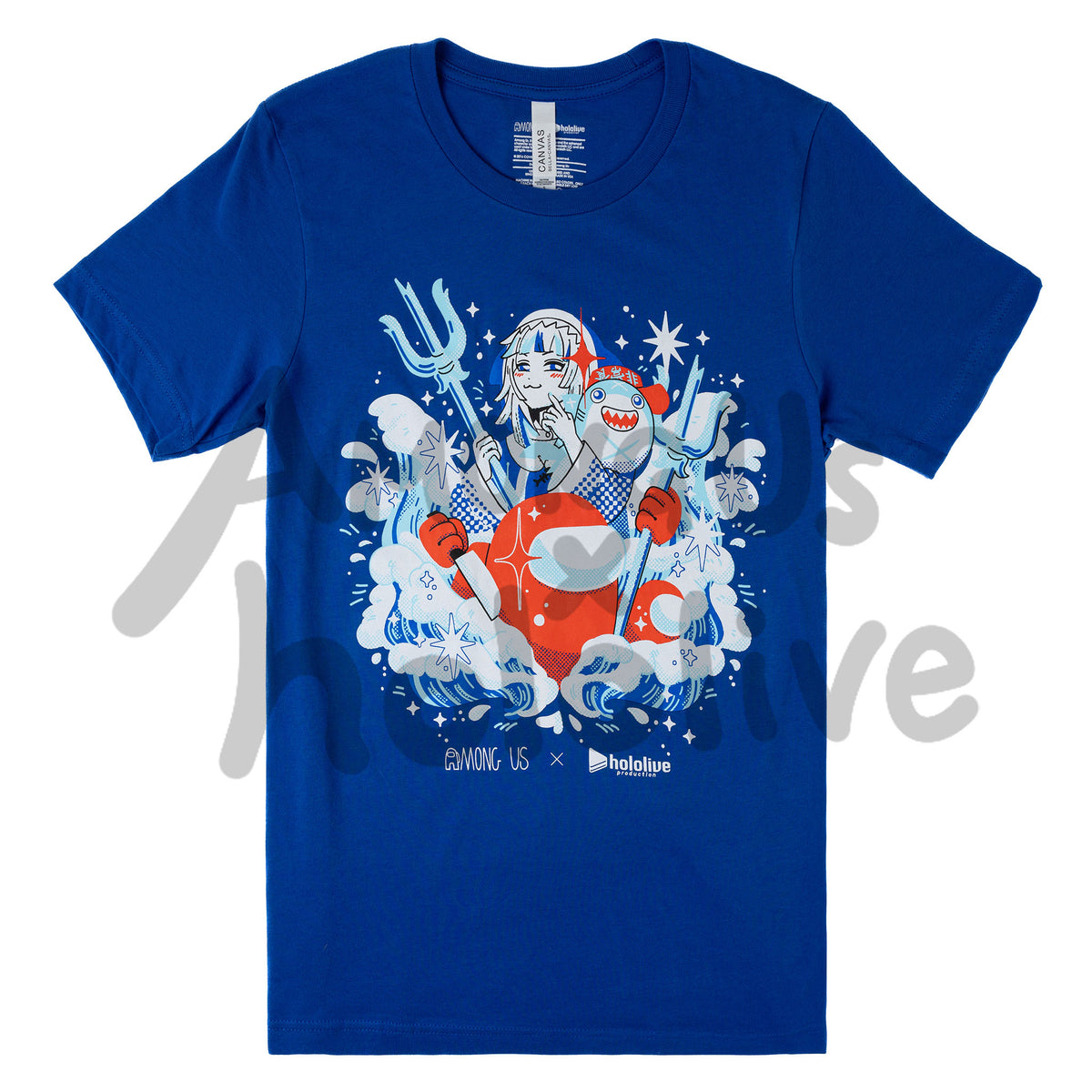 A flat lay product photograph of a blue t-shirt. The printed art on the front of the shirt shows Gawr Gura with a mischievous look, holding a light blue trident and small, smiling shark. White and blue waves crash around them, while at the bottom of the illustration, a red crewmate holds a trident in one hand and a knife in the other. 