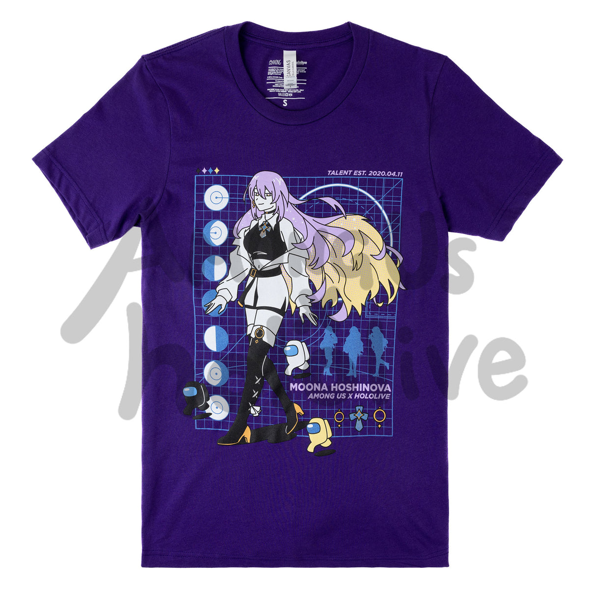 A flat lay photograph of a purple t-shirt. The printed art on the front of the shirt shows a full body illustration of Moona Hoshinova walking in front of a light blue spec grid. Her pink and yellow hair billows behind her. Small black, white, and yellow crewmates stroll beside the figure. 