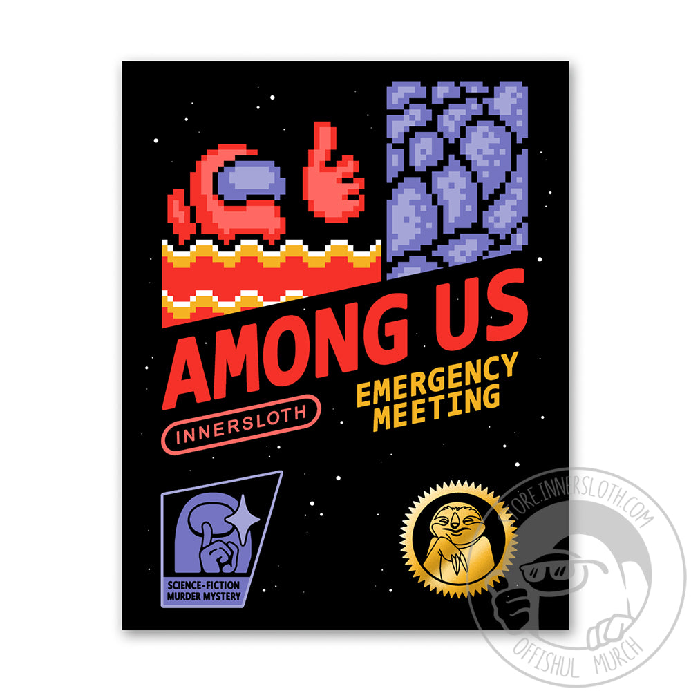 A product photo of print in the style of a poster for an old Nintendo game. A red crewmate in the gives a thumbs up as he is submerged in lava beside a purple stone wall. AMONG US in red is centered diagonally across the middle of the print, with Innersloth and Emergency meeting in smaller text below it. A purple shhing crewmate above a label reading Science-Fiction Murder Mystery. A gold Innersloth logo is stamped at the bottom right. The print is in a 8-bit pixelized art style, designed by Drew Wise.